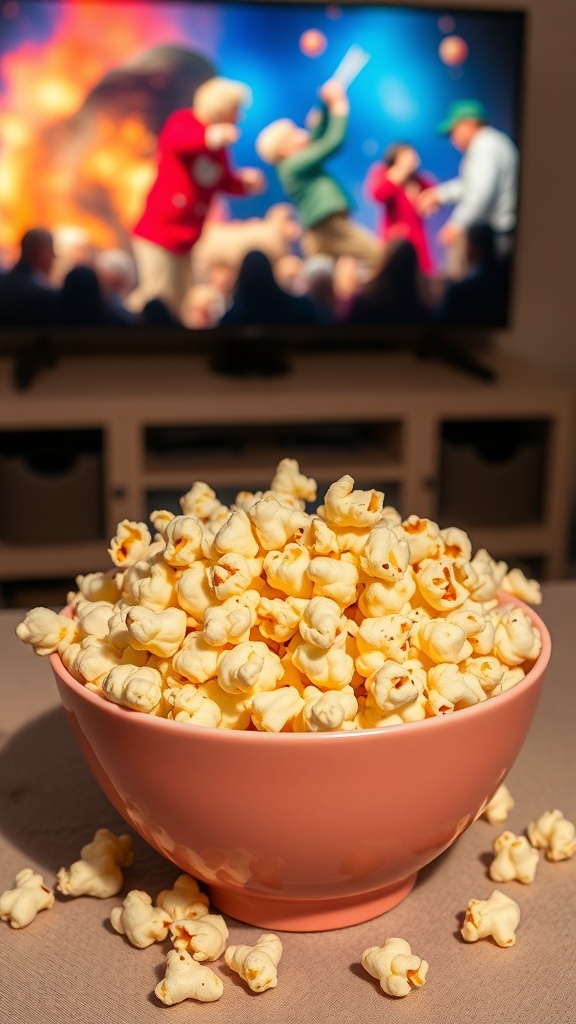 A bowl of golden popcorn on a table with a movie scene in the background.